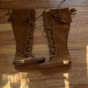 Minnetonka Fringed Tan Knee-High Boots